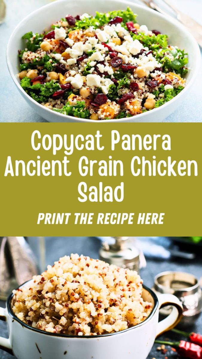 Bowls of a grain salad with chickpeas, cranberries, and feta; one bowl shows salad with chicken. Text overlay reads, "Copycat Panera Ancient Grain Chicken Salad.