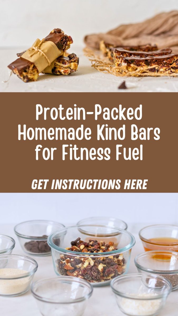 Homemade protein bars, inspired by Kind Bars, wrapped in parchment with recipe instructions and individual bowl ingredients displayed on a white background.