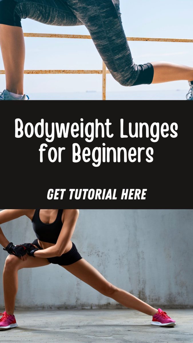 Collage showing a person performing bodyweight lunges and a banner reading "Bodyweight Lunges for Beginners - Get Tutorial Here.